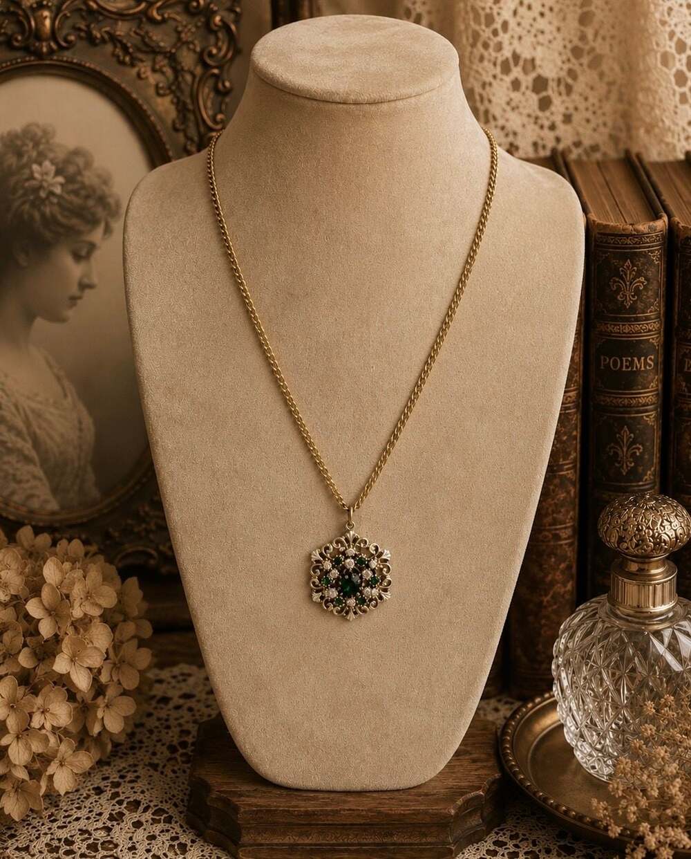 Vintage Filigree Rhinestone Flower Medallion Pendant Necklace